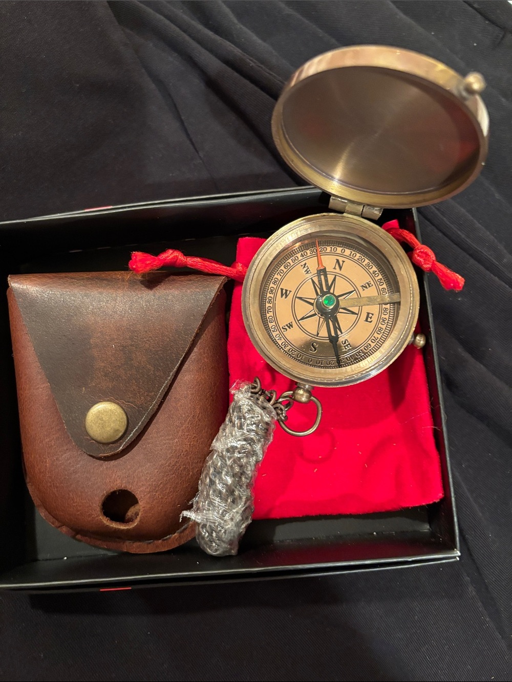 Vintage Brass Pocket Compass with Leather Pouch - Brass & Brown